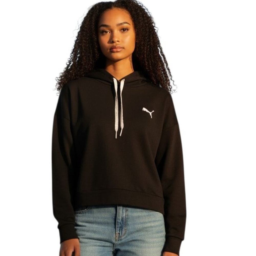Puma Women's Black Cropped Top Pullover Hoodie Drawstring Sweatshirt Medium